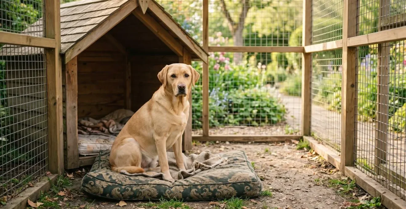 Un chien détendu installé dans son chenil d'extérieur, entouré de coussins et d'une niche, dans un cadre apaisant.