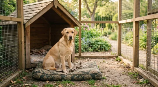 Un chien détendu installé dans son chenil d'extérieur, entouré de coussins et d'une niche, dans un cadre apaisant.
