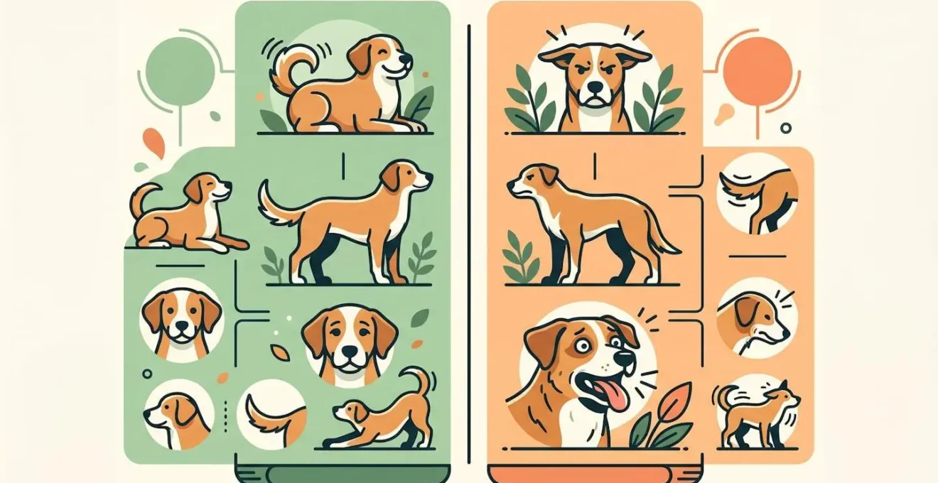 Infographie comparative présentant les signes révélateurs du bien-être et du stress chez le chien dans un chenil.