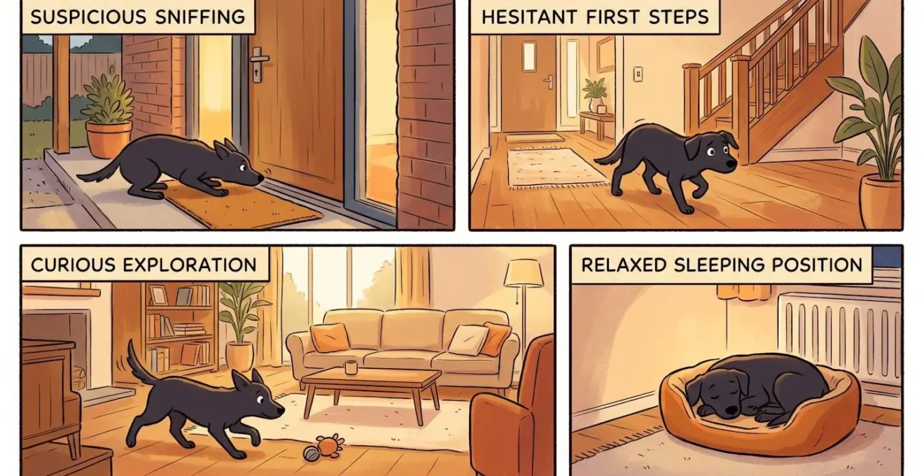 Quatre étapes illustrées montrant la progression d'un chien dans son nouveau chenil, de la méfiance à l'acceptation.